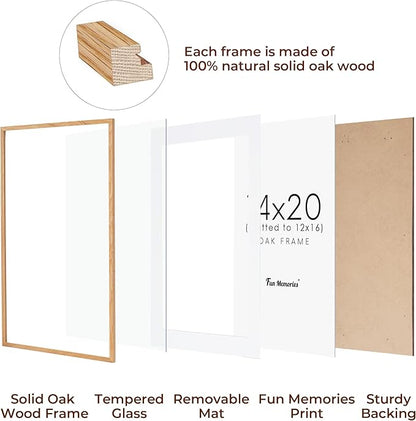 Fun Memories 14x20 Picture Frame, Solid Oak Wooden 14"x20" Photo Frame for Wall, 14 x 20 Frame Matted to 12 x 16, Tempered Real Glass, 14 x 20 Collage Gallery Frames (Natural Oak Color, 1 Pack)