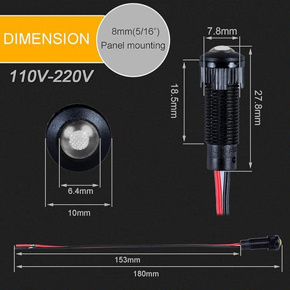 5pcs 8mm LED Indicator Light Plastic Black Signal Dot Lamp 110-220VAC 5/16" Mounting Hole Size with 15cm/5.9in. Wire (White LED)