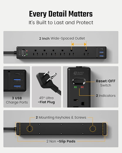 15Ft Long Extension Cord, SUPERDANNY Flat Plug Surge Protector Power Strip, 6 Outlets & 3 USB Ports, Desk Charging Station for Home Office, College Dorm Room Essentials