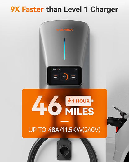 WOLFBOX Level 2 EV Charger 48 Amp - Smart Display, RFID Card, 25ft Cable, Outdoor/Indoor, Hardwired EV Charger Level 2, WiFi Enabled Electric Car Chargeing, 240V Electric Vehicle Charging Stations