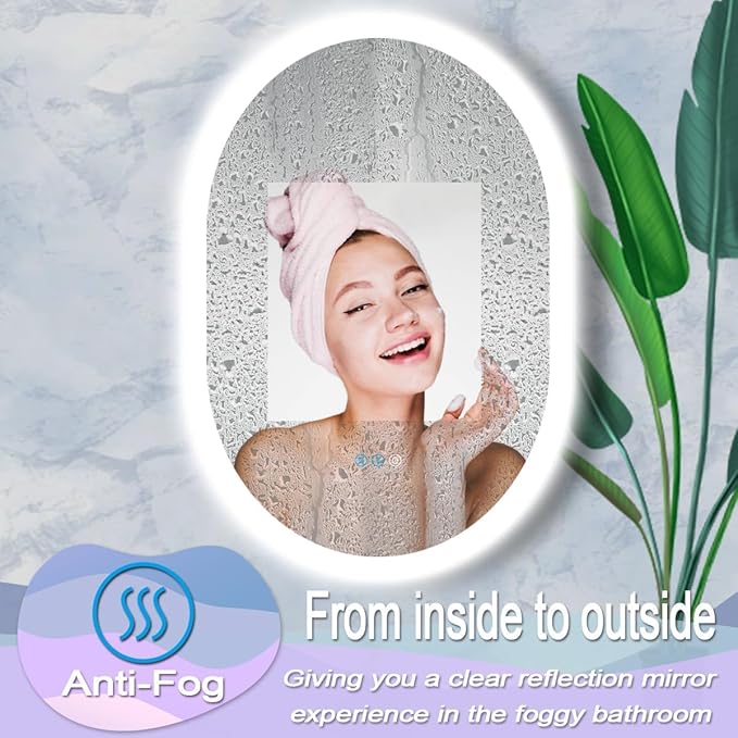 40 x 20 Inch Oval Backlit Mirror 3 Color Adjustable Brightness Backlits Oval Lighted Vanity Mirror for Bathroom Wall Horizontal Vertical Mount Antifog 40" Frameless LED Backlit Ovals Mirrors