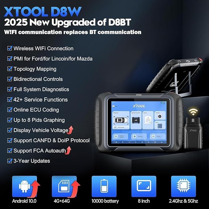 XTOOL D8W OBD2 Scanner Diagnostic Tool Wireless Bidirectional Scan Tool with Topology, ECU C0ding, 42 Reset, Active Tests, Crankshaft Relearn, All System PMI, CANFD/DoIP FCA, 3-Yr Update