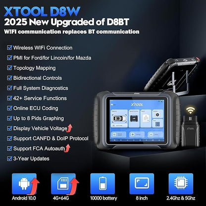 XTOOL D8W OBD2 Scanner Diagnostic Tool Wireless Bidirectional Scan Tool with Topology, ECU C0ding, 42 Reset, Active Tests, Crankshaft Relearn, All System PMI, CANFD/DoIP FCA, 3-Yr Update
