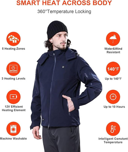 DEWBU Soft Shell Heated Jacket for Men with 12V Battery Pack and Detachable Hood Outdoor Electric Heating Coat