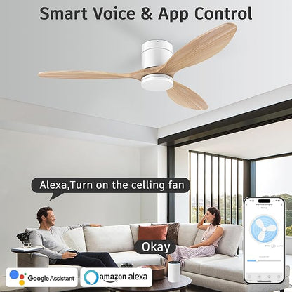 52" Smart Wood Ceiling Fans with Light and Remote,Low Profile Outdoor Indoor Ceiling Fan with Dimmable Light and Quiet DC Motor,Control with Alexa Google Voice App,for Modern Flush Mount Bedroom Patio