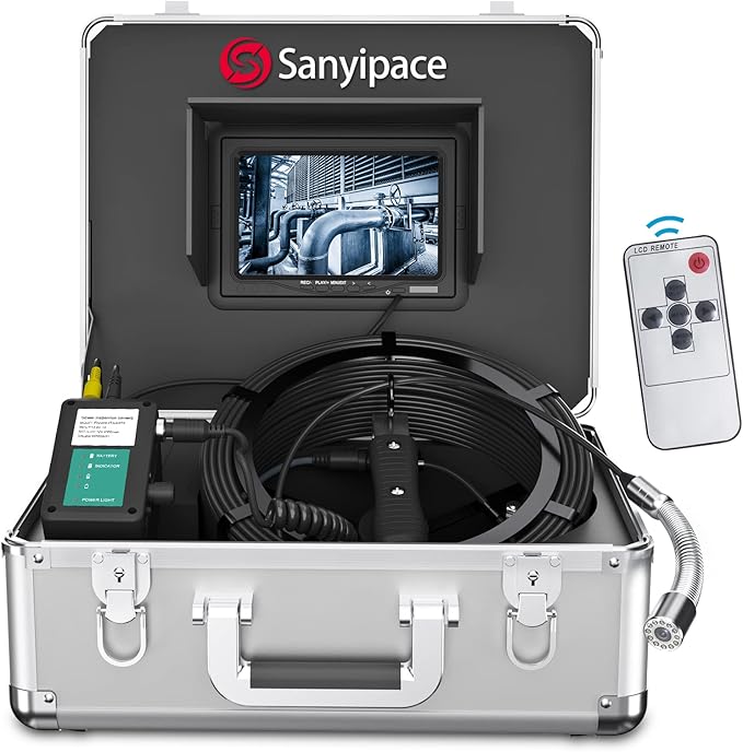 Sanyipace Sewer Scope Camera, 1080P FHD, 165FT/50M, 5X Zoom in, Remote Control, Sapphire Lens, Battery Level Display, Drain Inspection Camer with 12 Adjustable LED Lights, 7'' LCD Screen,16GB TF Card