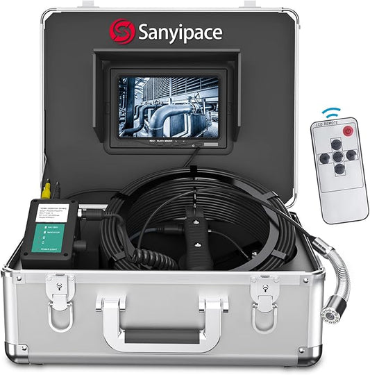 Sanyipace Sewer Scope Camera, 1080P FHD, 165FT/50M, 5X Zoom in, Remote Control, Sapphire Lens, Battery Level Display, Drain Inspection Camer with 12 Adjustable LED Lights, 7'' LCD Screen,16GB TF Card