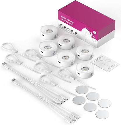 2" Rechargeable Mini Puck Lights w/Lanyard, Renter Friendly Magnetic Stick On Battery Operated Lights, Wireless Motion Sensor Light Indoor for Closet, Wall, Shelves, Kitchen, Locker - 6Pack/White