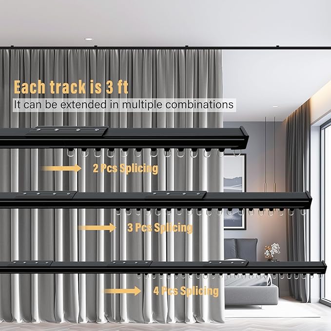 Ceiling Curtain Tracks,Curtain Track Wall Mount,Track Curtains Rod Ceilings Mount Heavy Duty Ceiling Tracks for Curtains Room Divider Rod with Hooks,Black 3-15ft
