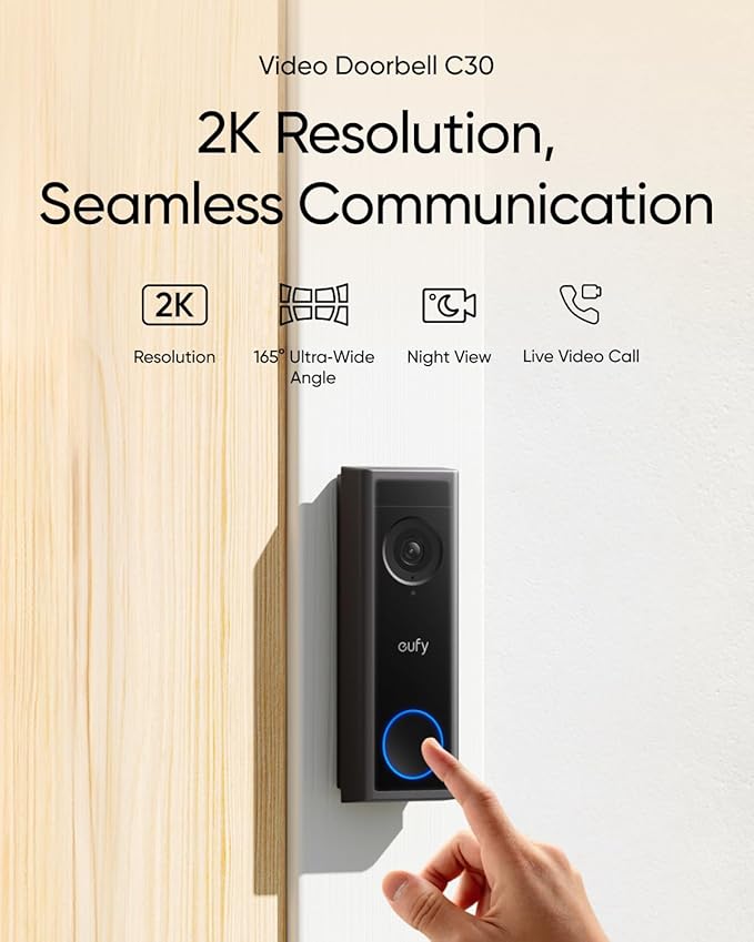 eufy Security Video Doorbell Camera C30, Battery Powered,2K FHD,165° Ultra-Wide View,Easy Installation, Live Video Call, AI Human Detection for People and Packages,HomeBase 3 Compatible,No Monthly Fee