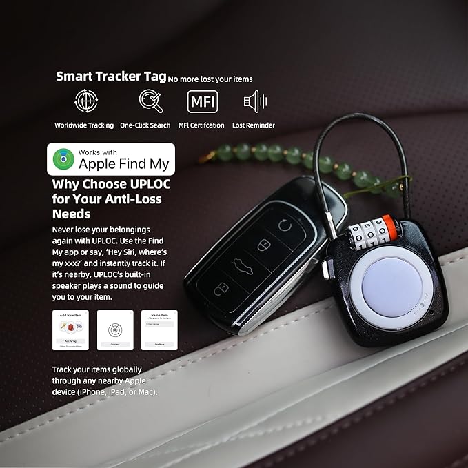 [Apple MFi Certified] iOS GPS Tracker Tag & Holder Case with Combo Cable Lock, Compatible with Apple Find My, Locking AirTag Holder for Luggage Travel Tracking, Backpack, Suitcase, Kids School Bag