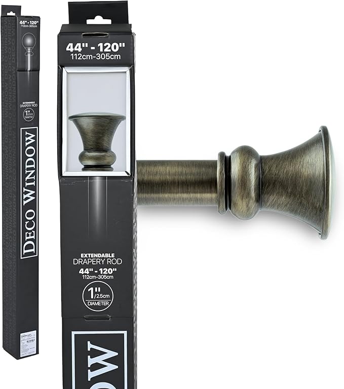 Deco Window Adjustable Curtain Rod for Windows 44 to 120 Inch (Pack of 1) Extendable Heavy Duty 1 Inch Iron Drapery Pole with Finials Wall Mounted French Door Curtain Rods (Brass)