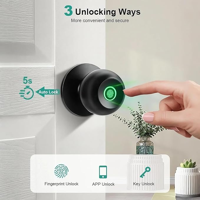 NexusLab Smart Fingerprint Door Lock, 0.5s Fast Fingerprint Scan, APP Remote Control, 3-in-1 Entry(Fingerprint/Key/App), for Home、Bedrooms、Office、Apartment、Garage(Matte Black)