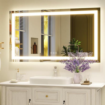 55'' x 30'' LED Bathroom Mirror with Lights, Wall Mirror with Front and Backlight, 3 Colors Vanity Mirror with Lights, Anti-Fog Wall Mirror for Bathroom
