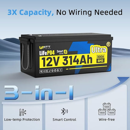 WattCycle 12V 314Ah LiFePO₄ Battery 4 Pack, Lithium Battery 12V 300A BMS, Lithium RV Batteries Built-in Bluetooth, IP65 Marine Batteries, Perfect for Home Energy Storage, RV, Marine, Solar, Off-Grid