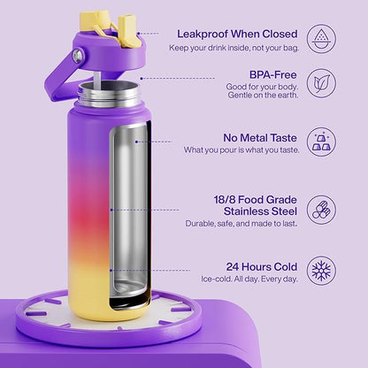 ENCOOL Insulated Water Bottle with Straw Stainless Steel Water Bottle, Leak-Proof, BPA-Free, Double Wall Vacuum Keeps Cold for 24 Hours for Sports, Travel, School (32 oz, Peach Dream)