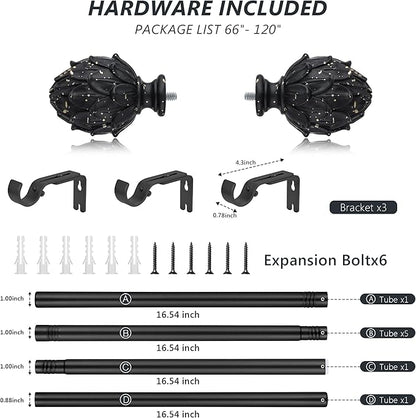 Curtain Rods for Windows 66 to 120 Inches 1 Inch Diameter Adjustable Drapery Rod Decorative Single Window Curtain Rods with Classic Finials,Black
