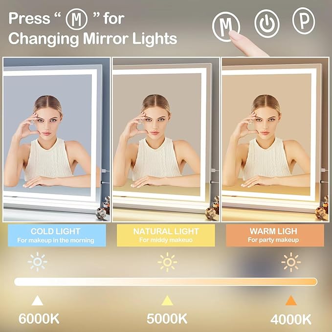 Makeup Vanity Mirror with USB Charging Port 28" x 22" Large LED Makeup Mirror, Desk Mirorr with Lights, Light up Mirror with 10X Magnification and, Dimmable 3 Modes, Touch Gold