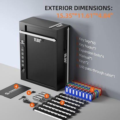 XDeer 60-Key Biometric Lock Box, Wall Mount with Anti-Theft Key Slot and Combo Lock for Hotels & Offices