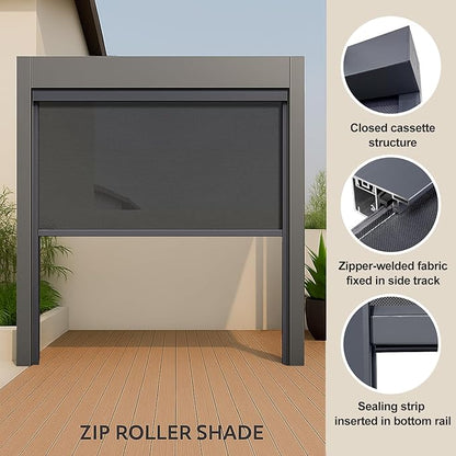 ZSHINE Hard-Wired Outdoor Snow Blocking Weatherproof Motorized Patio Roller Shades Remote Control for Porch Balcony Customized Size (Black Grey 5% Openness)