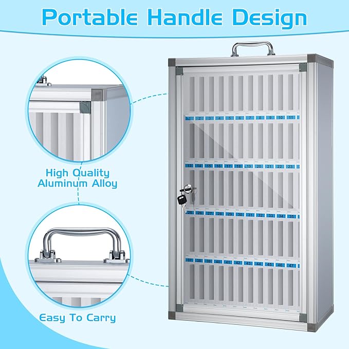Amylove 60 Slots Cell Phone Locker Cabinet Aluminum Alloy Pocket Chart Storage Locker Box Cabinet Wall-Mounted Cell Phones Storage Box with Handle for Office Classroom Gym (White)