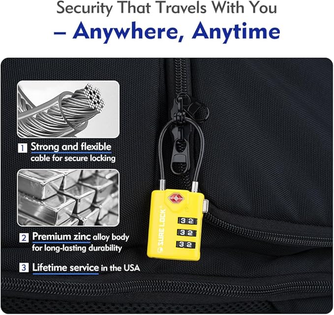 SURE LOCK TSA Compatible Travel Luggage Locks, Inspection Indicator, Easy Read Dials TSA Approved with Zinc Alloy (2, Yellow)