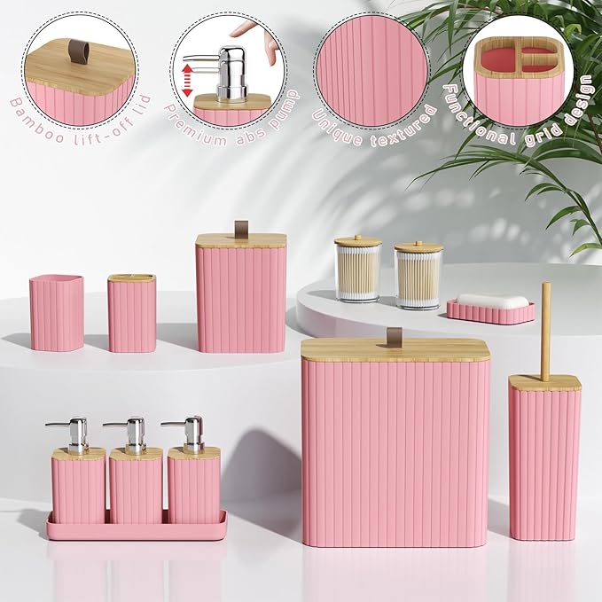 Bathroom Accessory Set - Pink Bathroom Set, 12PC Bathroom Accessories Set, Pink Bathroom Accessories Set, Mini Trash Can, Toilet Brush, Trash Can & Soap Dispenser