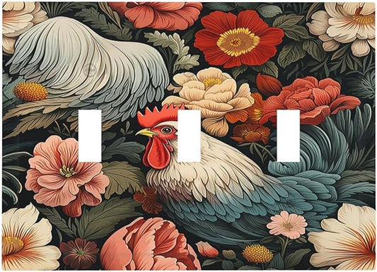 Decorative Switch Plates Rooster Flowers Red White Chicken Floral 3 Gang Wall Plate Triple Toggle Light Switch Cover Faceplate Electrical Wall Panels for living Room Farmhouse Decor