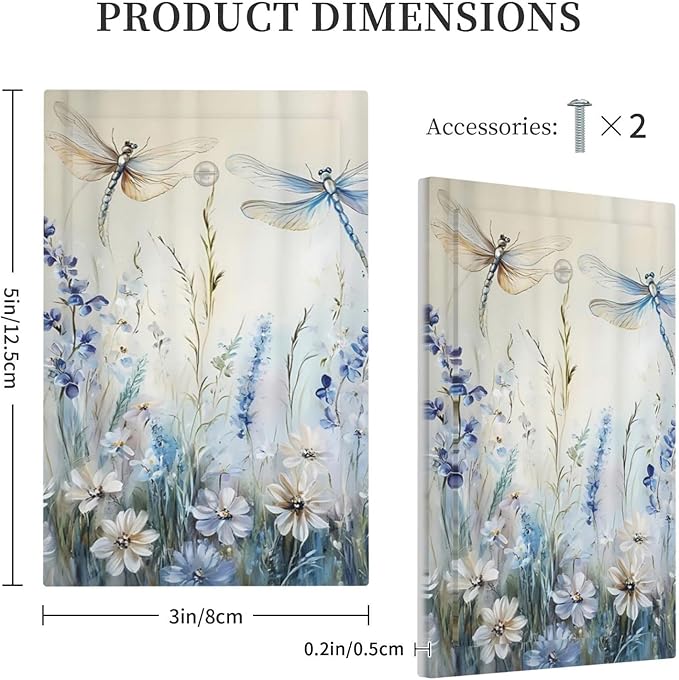 Decorative Light Switch Cover Plate Watercolor Dragonfly Blue Wihte Flower 1 Gang No Device Single Blank Outlet Covers Wall Plates for Electrical Outlets Faceplate for Bedroom Home Decor