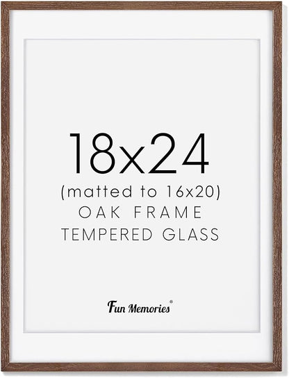 Fun Memories 18x24 Wood Frame, Natural Solid Oak Wood Poster Frame 24 x 18 with Tempered Glass, Wood Picture Frame 18 x 24 for Posters, 18''x24'' Matted Frame for 16x20 Picture, Walnut Color