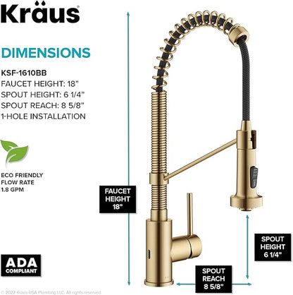 KRAUS Bolden Touchless Sensor Commercial Style 2-Function Single Handle Pull Down Kitchen Faucet in Spot-Free Brushed Brass, KSF-1610BB