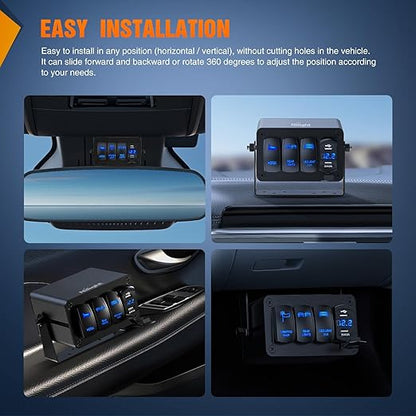 Nilight 4 Gang Rocker Switch Box 4 Holes Panel Detachable Installation Housing Waterproof Aluminum Rotatable Mount Bracket 12V 24V DIY Toggle Switches Voltmeter USB Socket for Boats Cars RVs Trucks