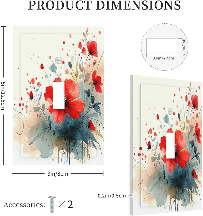 Vintage Floral Red Watercolor Modern Decorative Light Switch Cover 1 Gang Single Toggle Decorator Outlet Wall Plate Device Electrical Faceplate Switchplates for Bedroom Bathroom Decor
