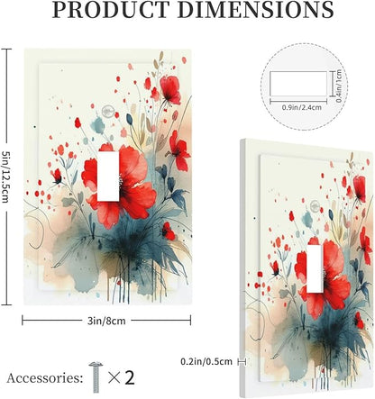 Vintage Floral Red Watercolor Modern Decorative Light Switch Cover 1 Gang Single Toggle Decorator Outlet Wall Plate Device Electrical Faceplate Switchplates for Bedroom Bathroom Decor