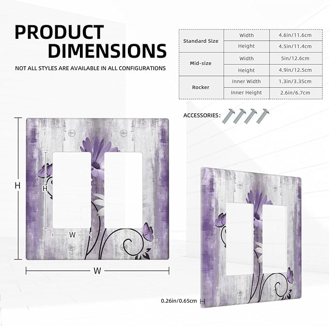 Decorative Outlet Covers Rustic Purple Daisy Grey Flowers 2 Gang Wall Plate Double Rocker Two Switch Wall Cover Plate Light Switch Cover Plate Faceplate for Country Bedroom Home Decor
