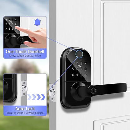 Fingerprint Smart Door Lock with Handle, Keyless Entry Door Knob with Digital Keypad, Electric Deadbolt Remote App Access & Doorbell, Digital Lock for Home, Office Matte Black