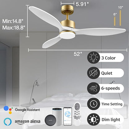 cumilo 52" Wood Smart Ceiling Fans with Remote,Quiet DC Motor,Dimmable,Control with Alexa Google Voice App,Outdoor Indoor Modern Ceiling Fan for Bedroom Patio,Gold and White