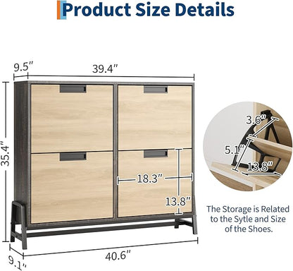 CABIHOME Shoe Cabinet Storage for Entryway, Narrow Shoe Organizers with 4 Flip Drawers, Freestanding with Metal Legs, Large Shoe Rack with 3-Tier Adjustable Shelves for Hallway, Living Room, Oak