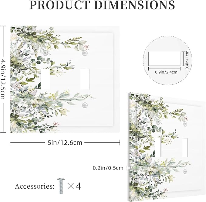 Decorative Light Switch Plate Covers Rustic Eucalyptus Leaves Green Leaf 2 Gang Light Switch Cover Unique Double Toggle Wall Plate Outlet Covers for Bedroom Home Decor （2 Pack）