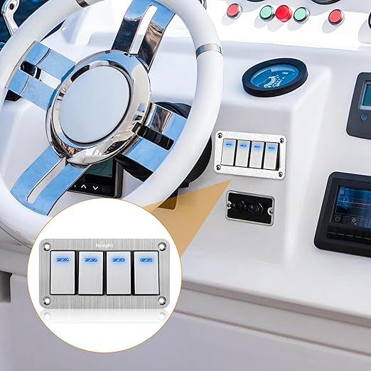 Nilight 4 Gang Rocker Switch Panel 3 Pin On Off Pre-Wired Toggle Switches Blue LED Waterproof Aluminum with DIY Stickers for 12V 24V Automotive Cars Marine Boats UTV Truck Jeeps