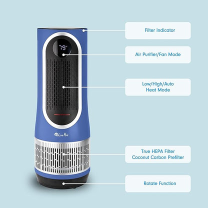 LivePure 3-in-1 LP520 Clean Heat Air Purifier & Electric Heater – 2 Heat Modes and Air Filtration – for Indoor Use in Bedrooms, Home Office & Apartments, Blue