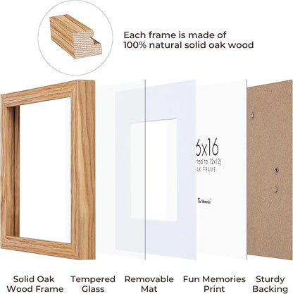 16x16 Picture Frames, Solid Oak Wood Photo Frame 16 by 16, Rustic Wooden Square Picture Frame with Tempered Real Glass, 16 x 16 Square Frame Matted to 12 x 12, Natural Color, Set of 2