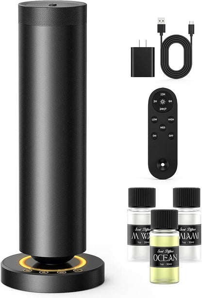 Waterless Diffuser with 90ML Essential Oils, Covers 1000 Sq Ft, Diffusers for Home Hotel, Adjustable Mist & Timer, Scent Diffuser Starter Kit with Night Light, Corded Electric,Black