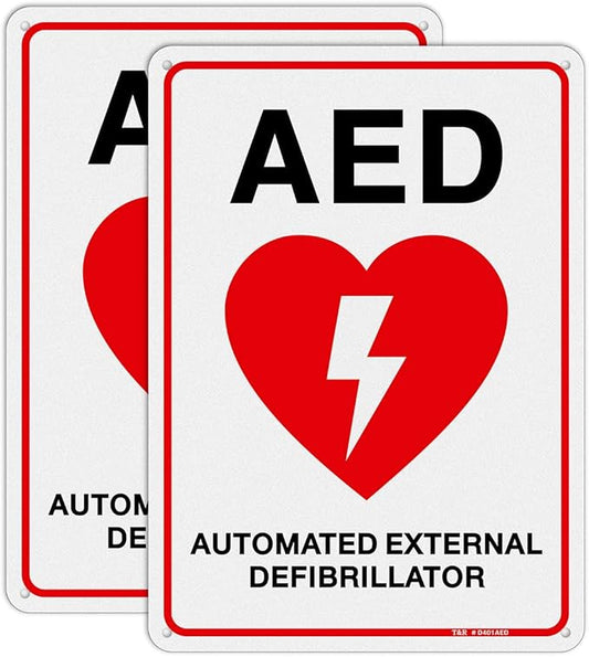 T&R AED Sign - 2 Pack - 10 x 7 Inches Rust Free .040 Aluminum -Reflective, UV Protected, Waterproof, Weatherproof and Fade Resistant - 4 Pre-drilled Holes