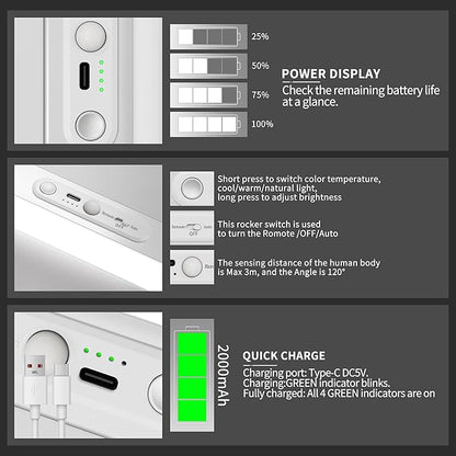 60 LED Under Cabinet Lighting Wireless with Remote and Motion Sensor Indoor,2000 mAh Rechargeable Closet Lights with 3 CCT and Dimmable,Under Counter Light for Kitchen,Stairways(2 Pack,12inch)