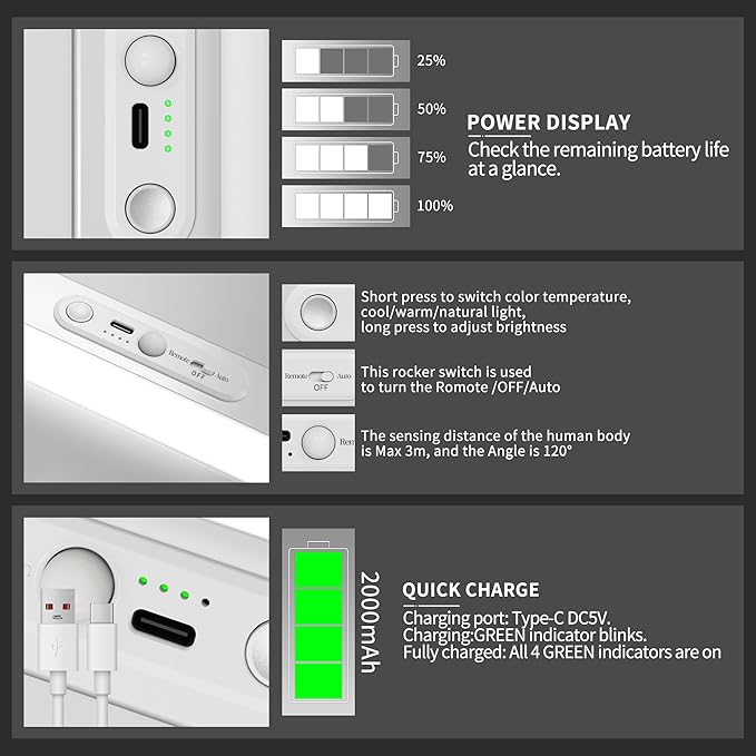 Closet Lights Wireless with Eye-Protection Design, Closet Motion Sensor Light with Remote and Magnetic, Rechargeable Motion Sensor Light with 3000/4000/6500K and Dimmable,Cabinet Lights with 90+CRI