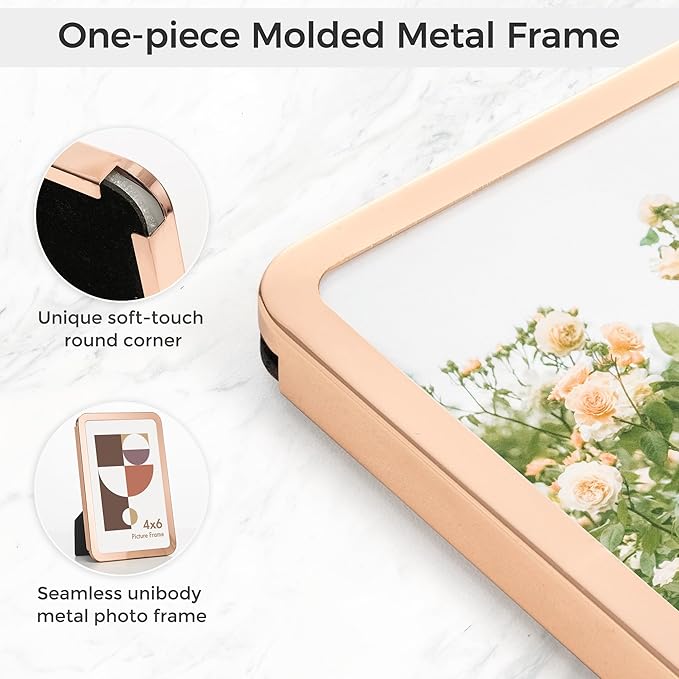 Axeman 8x10 Picture Frame-Metal Rounded Corner Frame 8x10, 8''x10''Photo Frame with Tempered Glass,Tabletop and Wall Display, One-Piece 8 By 10 Metal Picture Frame for images, Rose Gold