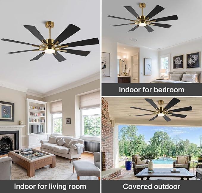 WINGBO 72" DC Ceiling Fan with Lights and Remote, Gold and Black Ceiling Fan w/ 3 Downrods, 8 Plywood Blades, 6-Speed Reversible DC Motor, Modern Ceiling Fans Indoor for Kitchen Bedroom Living Room