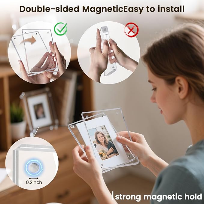 JOHOUSE 5 Pack 4 x 6 Acrylic Picture Frames, Double Sided Magnetic Photo Frames Self Standing Frameless Transparent for Desktop Display Gifts for Women
