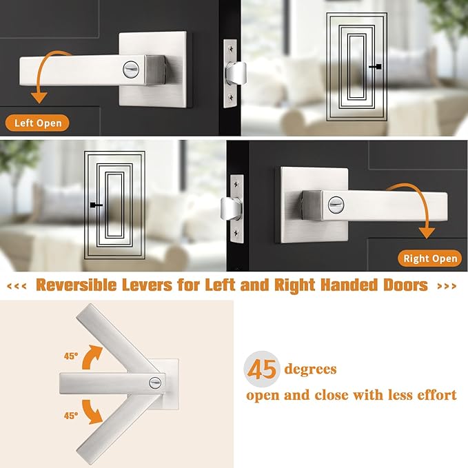 Probrico Interior Brushed Nickel Door Handle, Heavy Duty, Flat Square Privacy Door Handles, Keyless Door Levers Lockset for Bedroom and Bathroom (5 Pack, Modern)